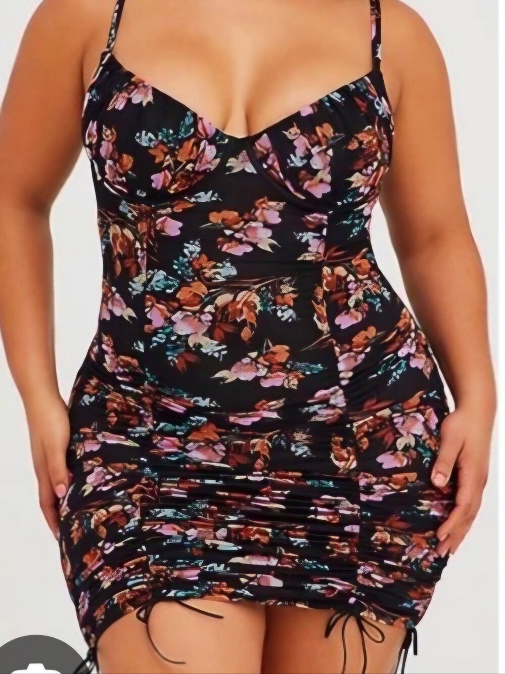 Floral Ruched Black Bodycon Slip Dress - Unbranded